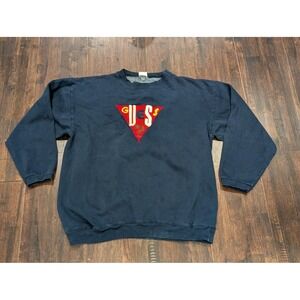 Vintage 90s Guess Crewneck Sweatshirt Mens XL Triangle 3D Embroidered Retro Navy